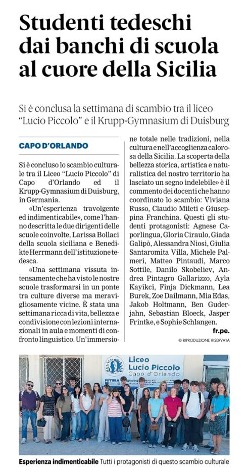 Gazzetta del Sud - venerdì 9 ottobre 2026 - "Studenti tedeschi dai banchi di scuola al cuore della Sicilia"